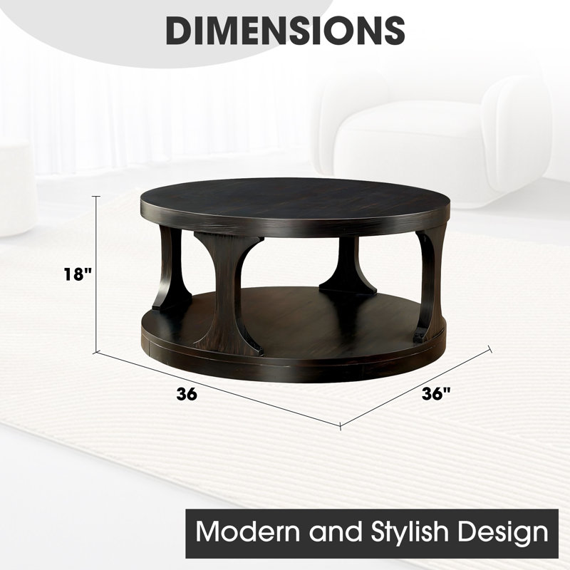 Antique Black Solid Wood Round Coffee Table With Storage
