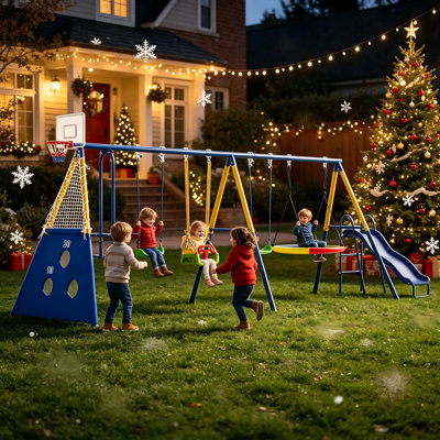 550 lbs 8-in-1 Kids Swing Set for Backyard, Outdoor Playset with Slide, Saucer & Belt Swings, Soccer Goals, Glider, Baby Swing & Basketball Hoop – Hea