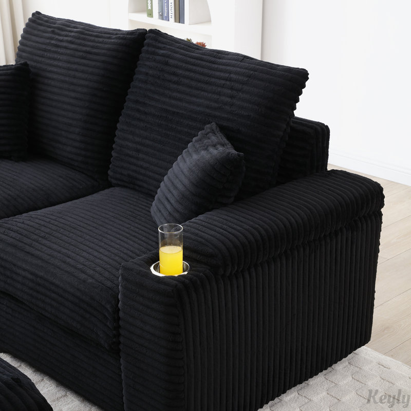 Corduroy Fabric Loveseat with Ottomans and Two Pillows, Black Corduroy