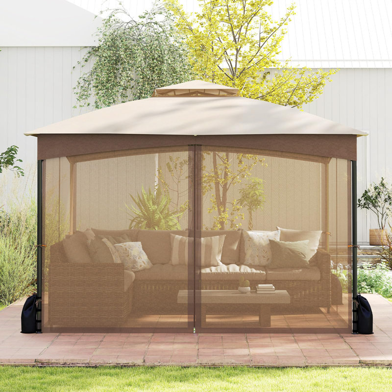 Double Roof Garden Gazebo With Netting Sidewalls, Brown