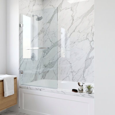 Rialto 34 in. W x 58 in. H Hinged Frameless Tub Door in Chrome with 5/16 in. (8mm) Clear Glass and Arden 3-Piece Bath Hardware Set