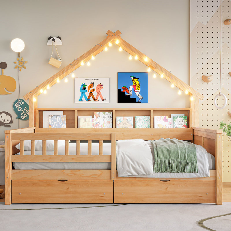Wood Full Size Platform Bed with LED, Storage Shelves, Drawers & Guardrail – Space-Saving Bed for Kids and Adults, Natural