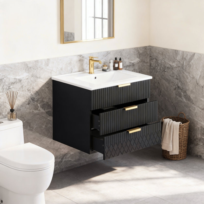 Wall Mounted Bathroom Cabinet With Sink&Drawers, Black