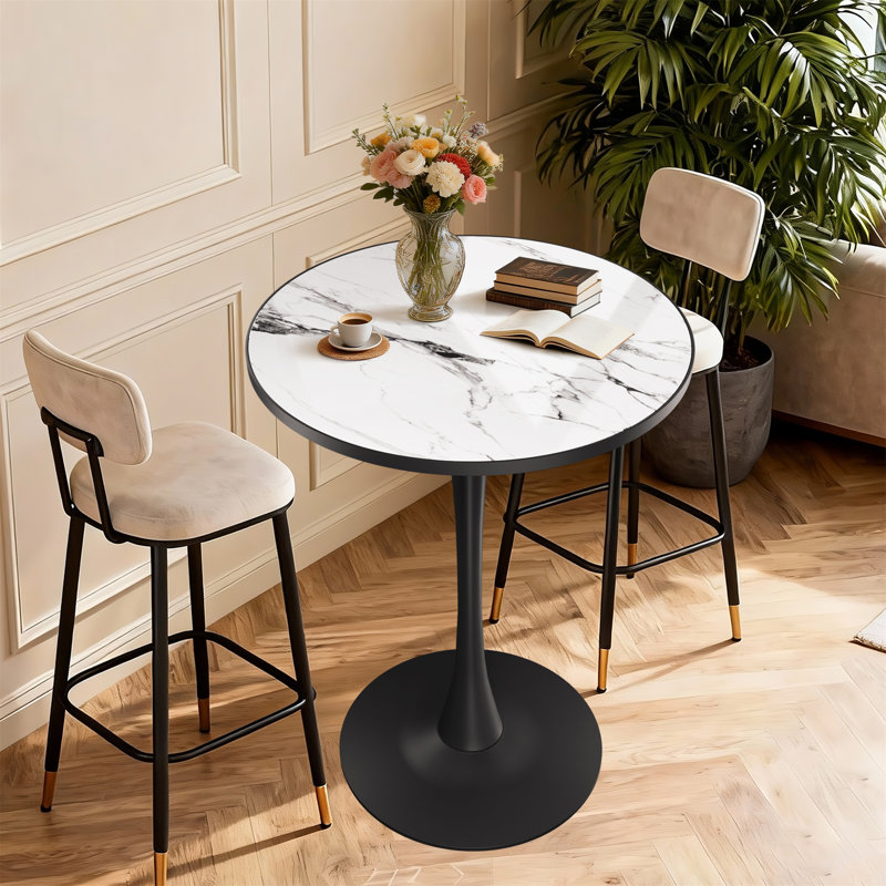 Table de bar à piédestal ronde en pierre de bistro frittée, table bistro de loisirs pour bar, 30 po, Blanc