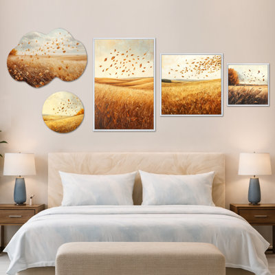 Windy Meadow Prairie Leaves I - grand ensemble d'art mural botanique sur toile brun, 5 pièces (100 po x 40 po)
