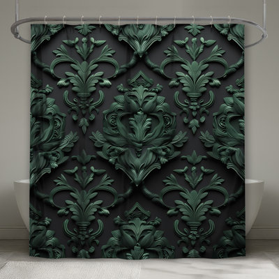 Ornate Green Damask Shower Curtains Extra Long