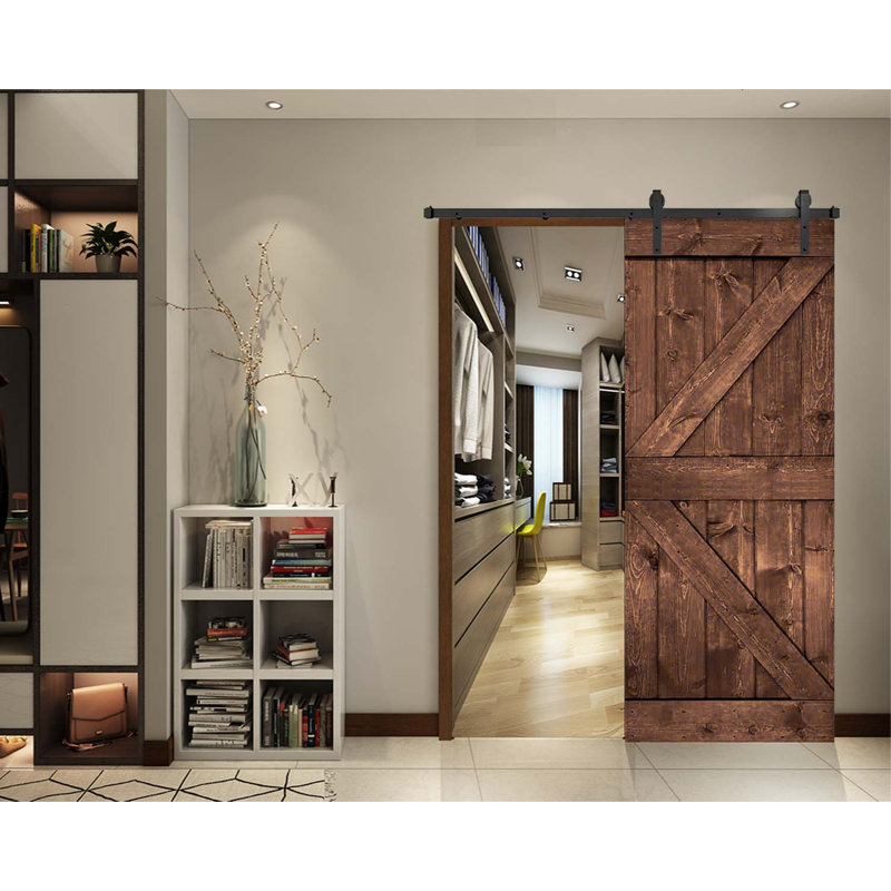 Porte de grange en bois massif DIY 3 en 1 pour chambres, espaces de rangement, placards, Noyer foncé, 32 po x 84 po