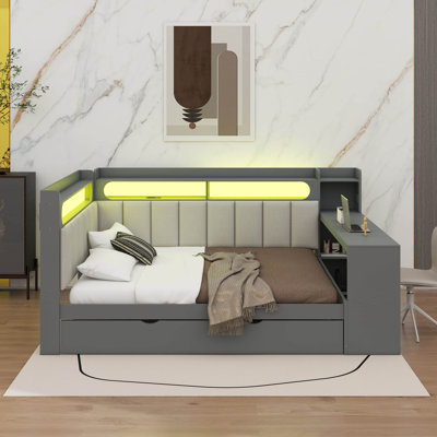 Lit de jour double avec unités de rangement, lit gigogne, prise de recharge, éclairage à DEL, bureau et tête de lit et support de dossier rembourrés
