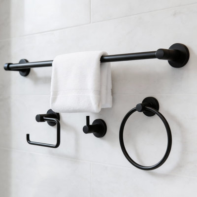 4 Piece Bathroom Accessory Set Including Towel Ring, Robe Hook, 24" Towel Bar and Toilet Paper Holder, Matte Black