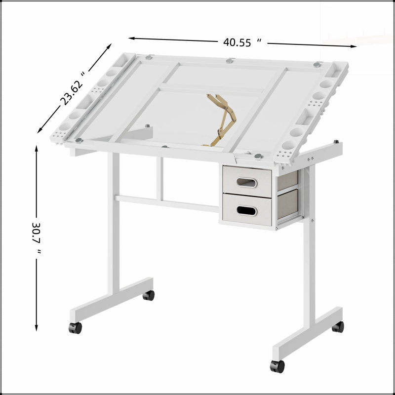 Bureau de dessin d'art réglable avec plateau inclinable, 2 tiroirs en tissu et 4 roulettes pour des espaces de travail créatifs