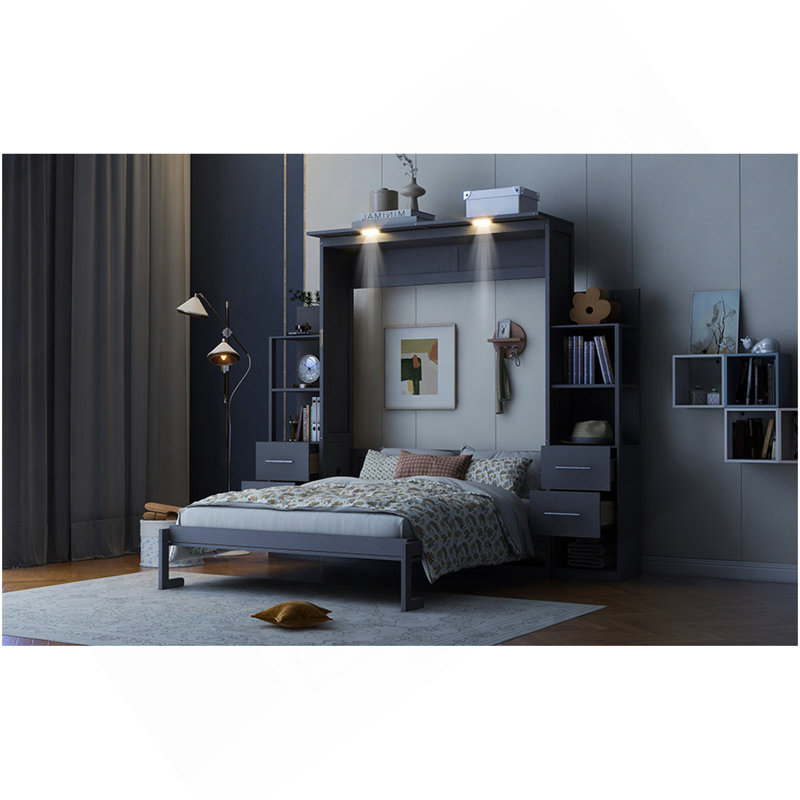 Grand lit escamotable mural avec tablettes, tiroirs et lumières, gris
