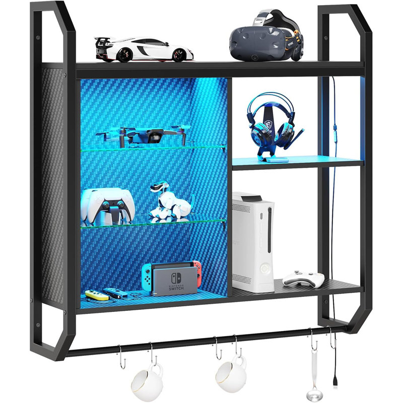 LED Gaming Floating Shelves With Adjustable Glass Shelves, Industrial Wall Mounted Display Rack With USB-Powered Ambient Lights, Durable Pipe Design For Home And Office Decor
