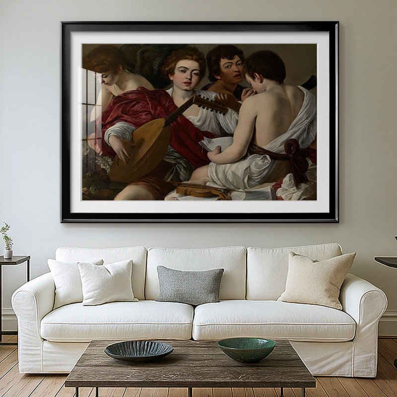 The Musisans-Caravaggio-Reproduction encadrée avec passe-partout et verre-c. 1595, 26,5 x 36,5, Impression encadrée, Noir
