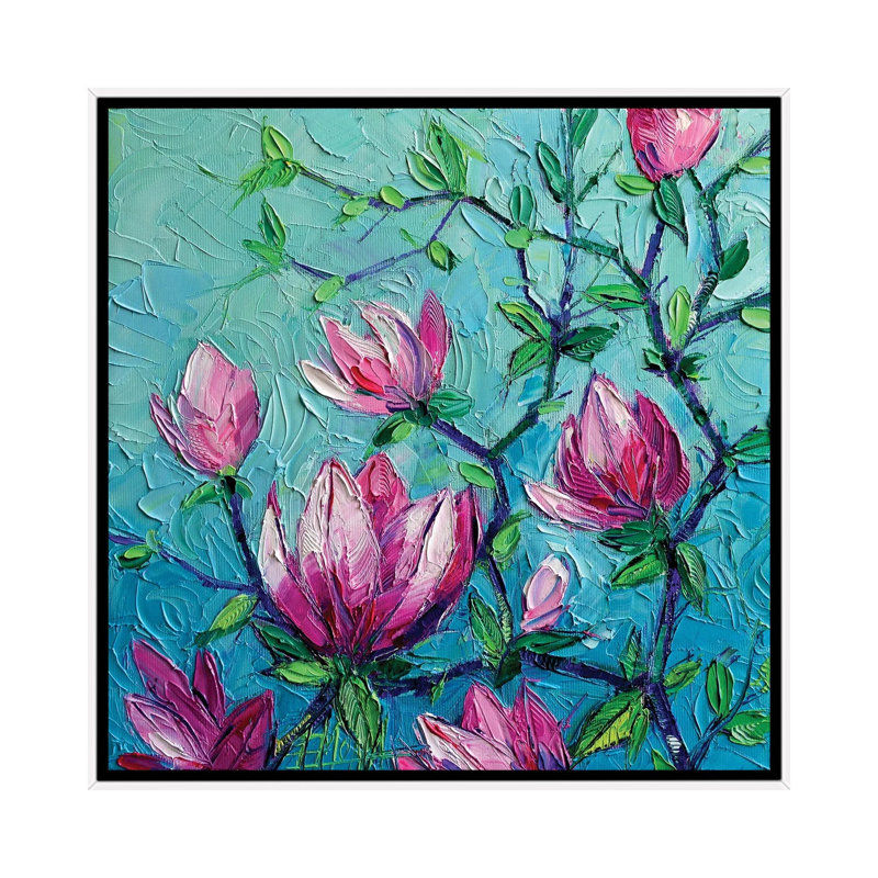 Magnolias by David Stribbling - Painting on Canvas, 66.04 cm H x 66.04 cm W, White Framed