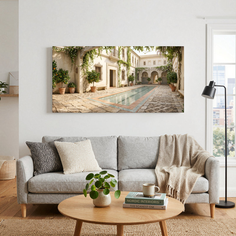 Ensemble de 1 tableau sur toile représentant une piscine dans une cour, L 32 po x H 16 po, Toile tendue