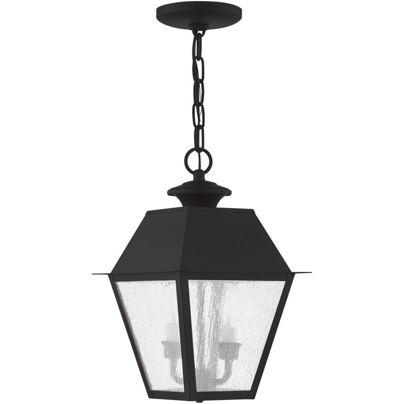 9in2 Light Outdoor Chain Lantern Pendant Fixture with Seeded Glass Shade, Black