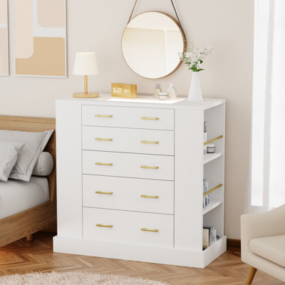 35.43w” White Double-sided Storage Wardrobe Closet of 5 Drawers for Bedroom&Closet Island with Led Light and Glass Top by Mercer41