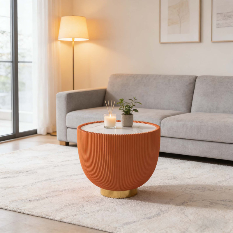 Table de bout ronde en bois fritté, Orange / doré