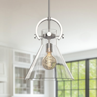 Luminaire suspendu moderne en nickel brossé à 1 lumière avec abat-jour en verre transparent pour les espaces de cuisine, de salle à manger ou de vestibule