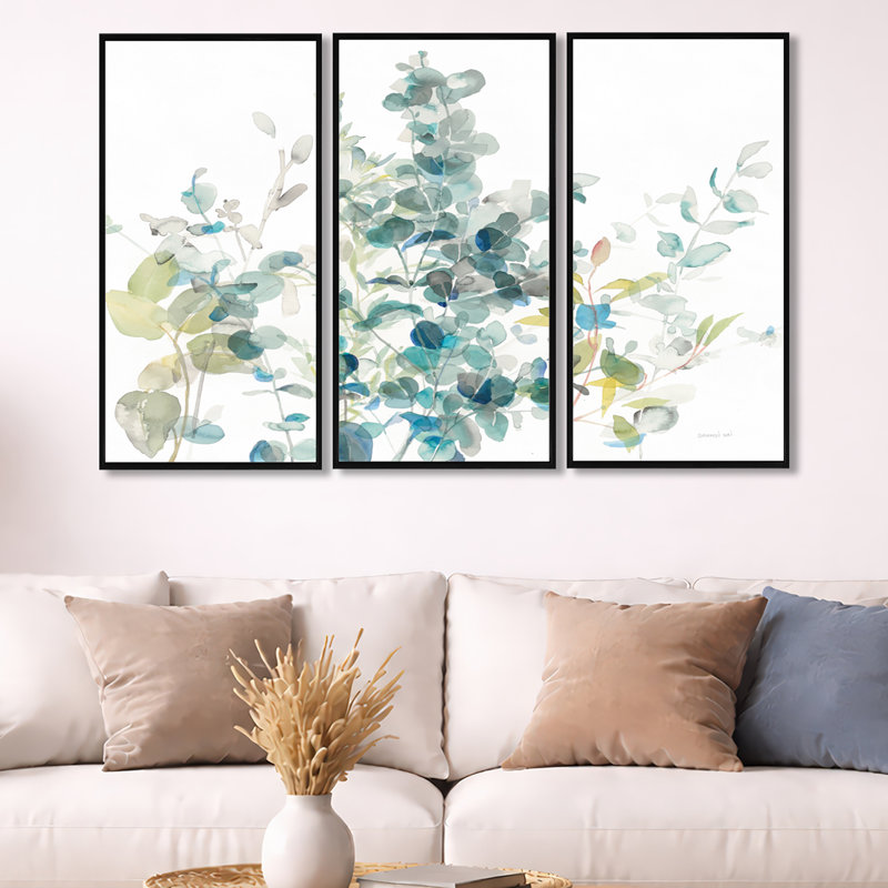 Eucalyptus, élément naturel - ensemble de 3 toiles encadrées traditionnelles, H 20 po x l 36 po, Cadre noir
