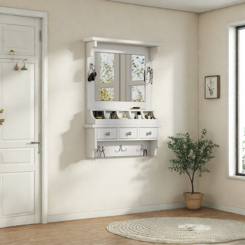 Meuble-lavabo flottant avec grand miroir, meuble-lavabo mural avec tiroirs, pochettes et crochets, rangement décoratif pour petits espaces