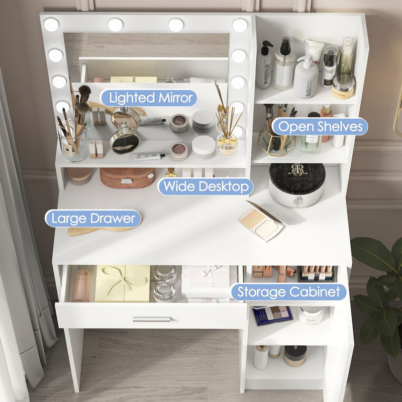 Vanity Desk With Mirror & Light, Large Drawer Three Level Storage Dresser, 3 Lighting Modes Adjustable Brightness, Bedroom Dressing Table