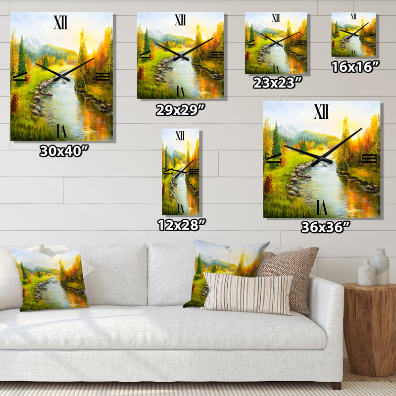 Horloge murale paysage d'automne avec montagnes et rivière, Petit