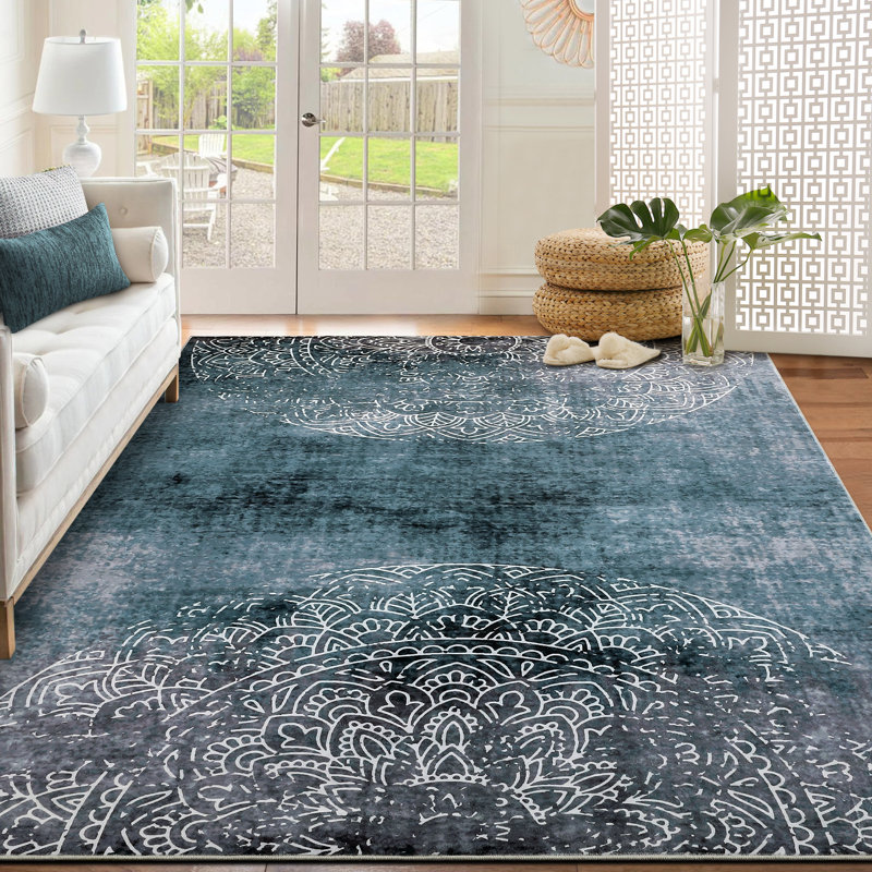 Large Living Room Rug 10x13 Washable Rug Modern Abstract Rug Bedroom Rug with Non Slip Backing, Grey/Green Ombre Rug, Soft Thin Low Pile Rug, Indoor Foldable Printed Rug