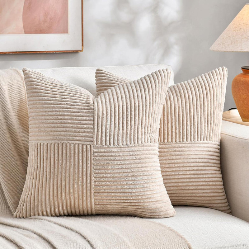 Ensemble de 2 housses de coussin décoratif brun clair pour canapé de salon, housse de maison de campagne Boho, housse de coussin carré texturé en velours côtelé