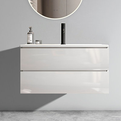 Meuble-lavabo mural blanc brillant 36 po avec lavabo en céramique à un trou, grand meuble-lavabo flottant avec rangement, pré-assemblé