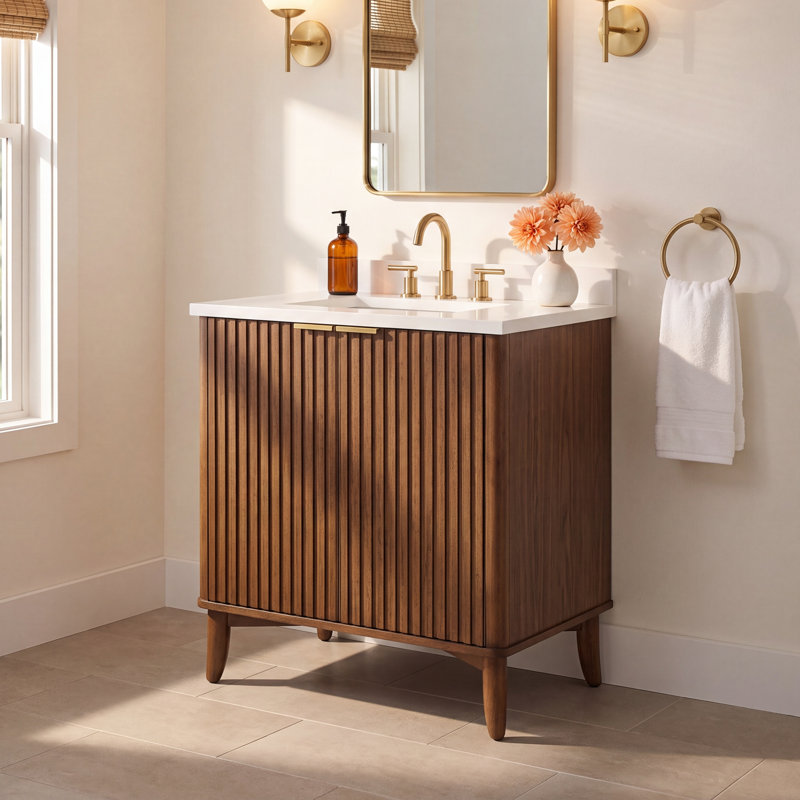 Nakia Gabi 30 In. Single Sink Freestanding Warm Walnut Bathroom Vanity With White Engineered Stone Top, Warm Walnut