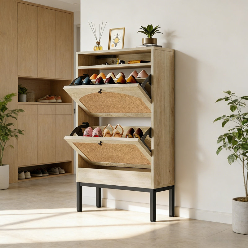 Flip-Door Shoe Cabinet With Charging Station, Oak