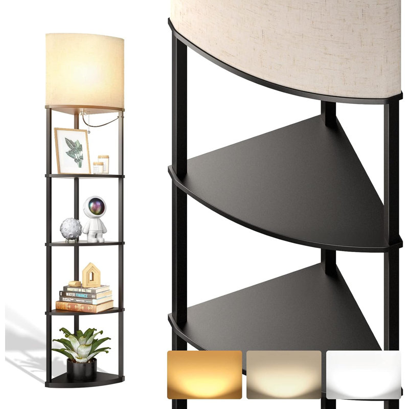5-Tier Corner Shelving Floor Lamp With 3 Color Temperatures Led Bulb And Linen Shade - Black
