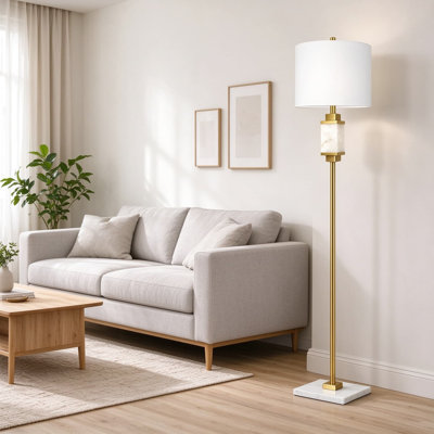 Modern Alabaster Floor Lamp with Night Light, Gold Standing Lamp for Bedroom, Living Room, Dual Lighting, Fabric Shade, Rotary Switch, Luxury Home Decor