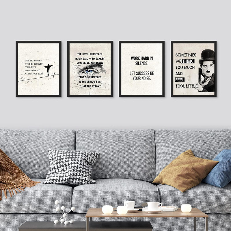 Charlie Chaplin noir et blanc 4 pièces, Cadre noir, H 10 po x l 8 po x P 1 po