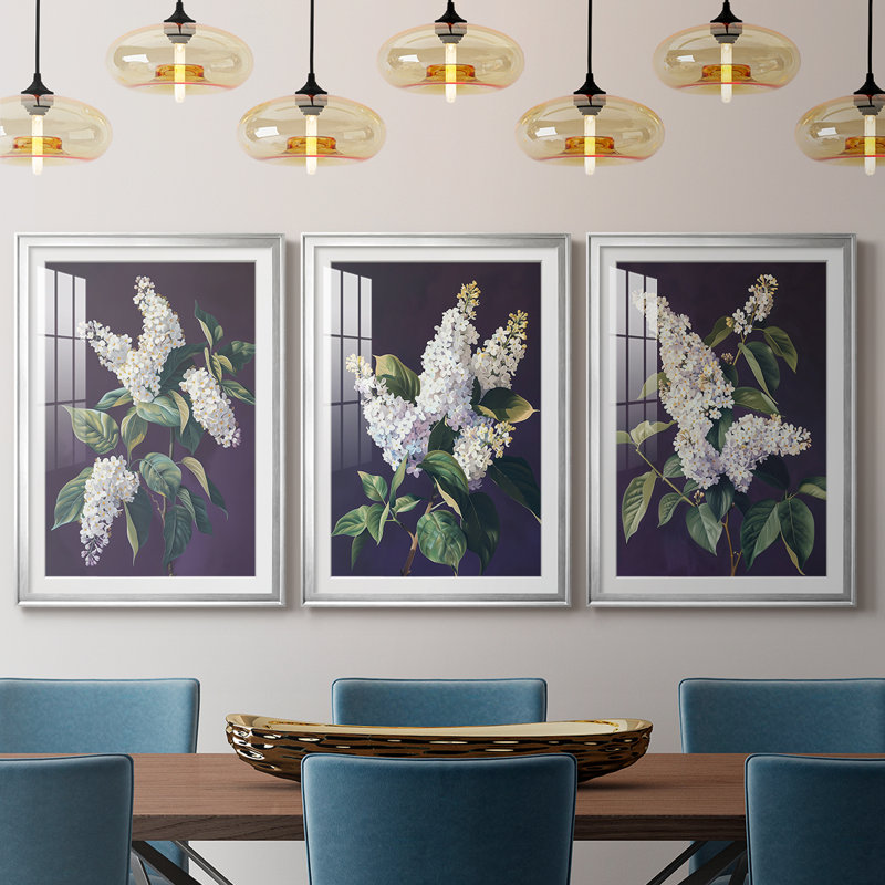 FLORAL Series CCXLIV - Impression encadrée de qualité supérieure sur mesure mat - 3 pièces, Argent argent, H 19 po x l 27 po