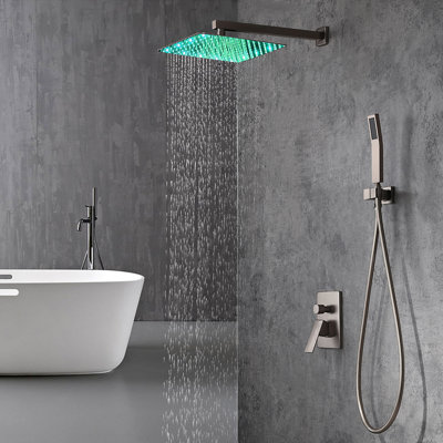 BathSelect Rain Shower Set Single Handle Thermostatic Valve Brushed Nickel Wall Mount Shower with Handshower