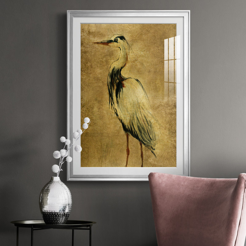 «Gold Crane at Dusk II», peinture sur toile encadrée, H 30,5 po x l 42,5 po x P 1,5 po, Argent