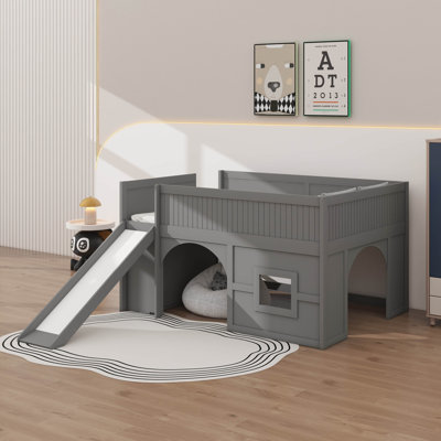 Wooden Low Loft Bed Frame With Multiple Functions, Full Size Low Loft Bed With Slide, Storage Shelves, Door, And Window Design