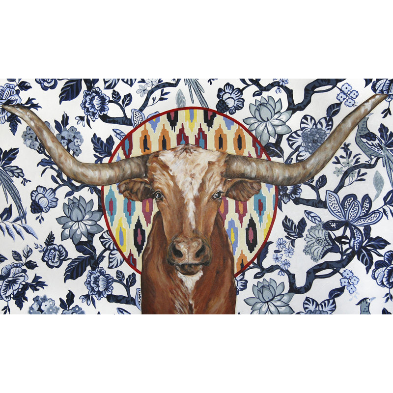«Longhorn On Chinoiserie», reproduction de peinture acrylique, H 18 po x l 36 po, Toile tendue