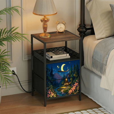 Table de chevet 2 tiroirs avec station de charge, table de chevet de chambre à coucher avec ports USB et prises de courant Tablette ouverte noire, table de chevet avec cabine confortable