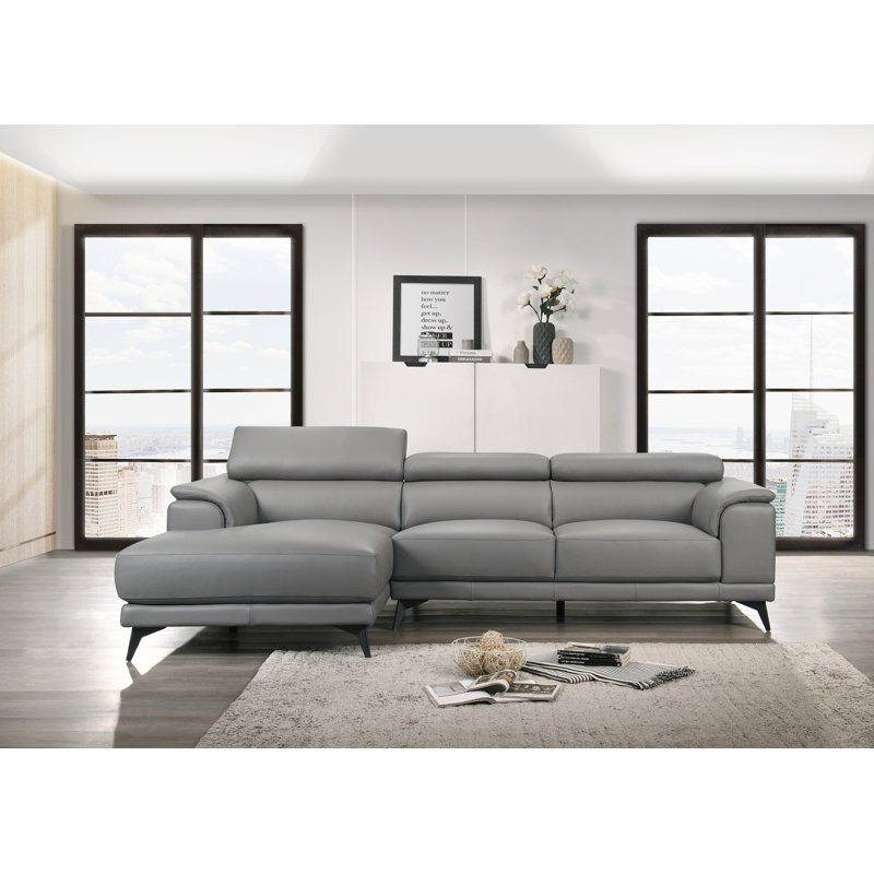 Mahowny Upholstered L-Shaped Sectional, Left Hand Facing, Smooky Gray Genuine Leather