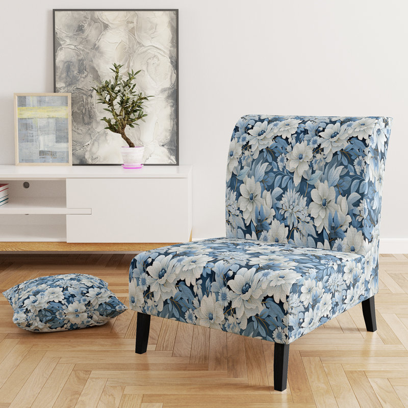 Motif floral bleu et blanc - Fauteuil de chambre rembourré de style campagnard, fauteuil d'appoint floral rustique