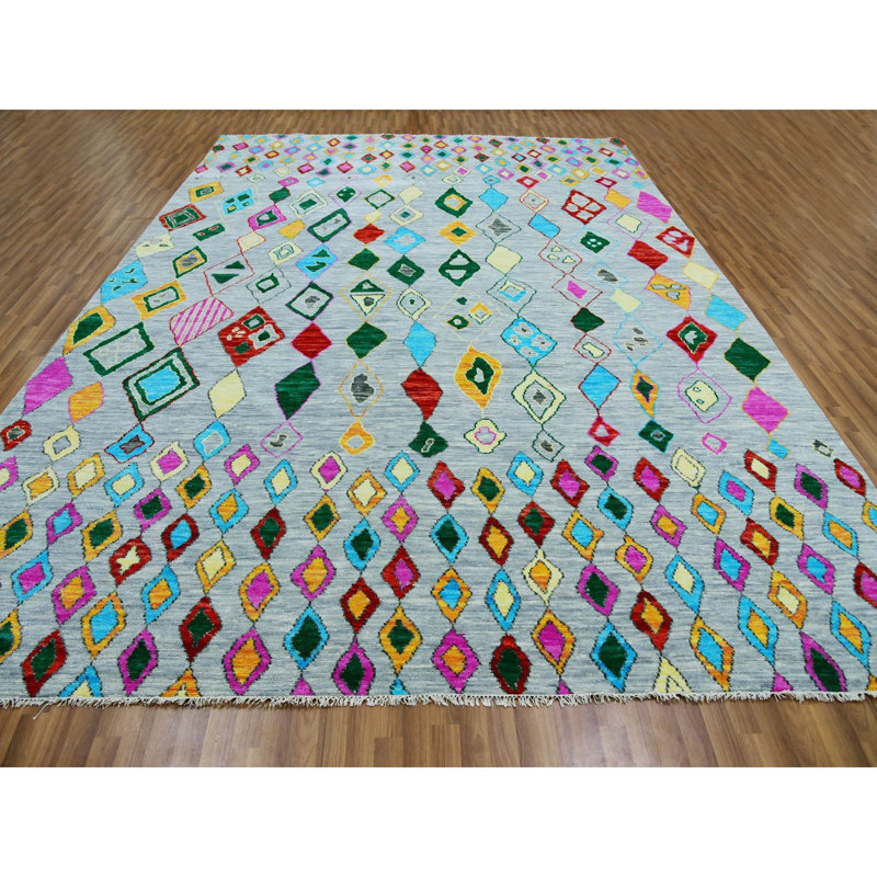 Tapis en laine noué à la main 10 pi 2 po x 14 pi 0 po gris nuage avec tissage Oushak coloré