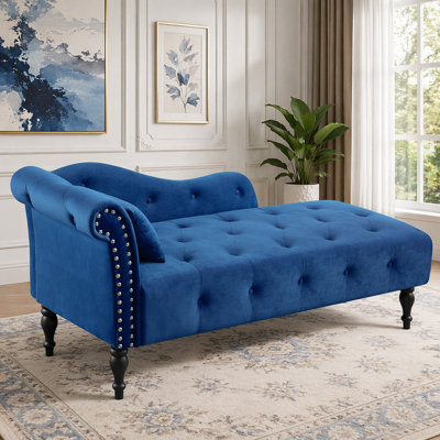 Blue Velvet Chaise Lounge with Tufted Buttons and Nailhead Trim