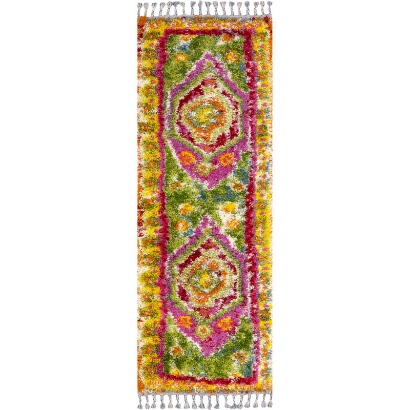 Thierry Fiesta Medallion Performance Shag Pink/Green Rug, Runner 2'8" x 8'