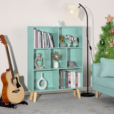 7 Cube Bookshelf, 3 Tier Modern Bookcase With Legs, Wood Cubeicals Organizer Storage Open Shelves, Retro Display Book Shelf, Freestanding Short Book Case For Bedroom,Living Room,Office