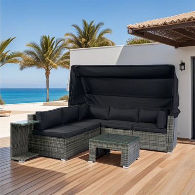 7-Piece Patio Furniture Set W/Retractable Canopy Wicker Rattan Sectional Sofa Set Patio Furniture With Washable Cushions For Lawn, Garden, Backyard, P by Latitude Run