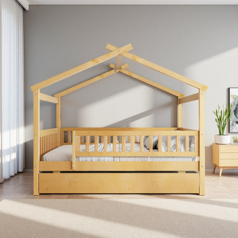Wooden House Bed With Twin Size Trundle, Natural