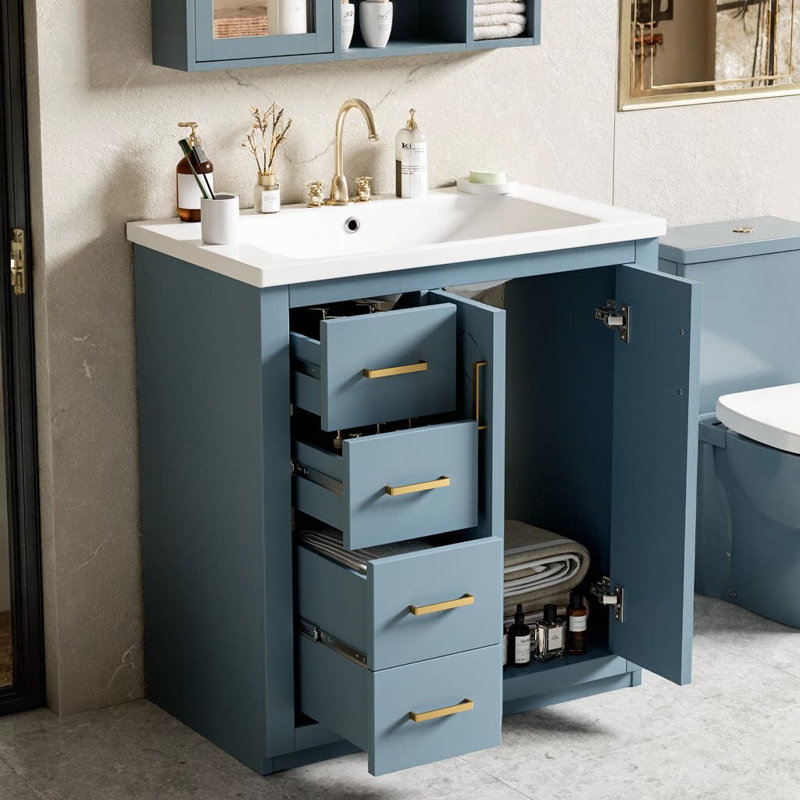 Meuble-lavabo autoportant avec poignées en métal pour salle de bain 30 po avec lavabo en céramique - structure en bois massif, 3 tiroirs à fermeture en douceur et 2 portes à fermeture en douceur